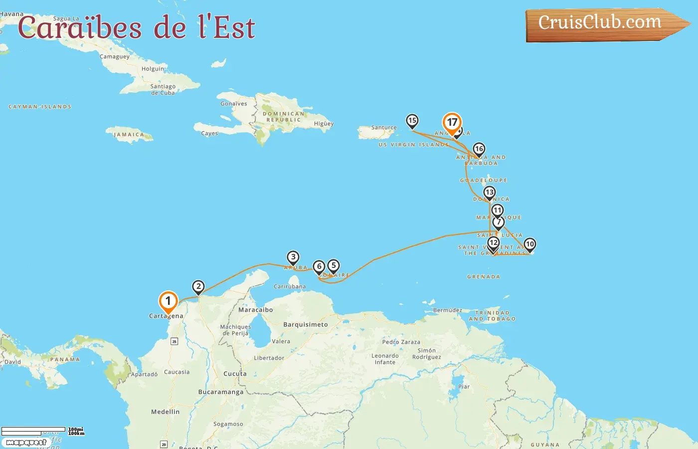 Croisière dans les Caraïbes orientales de Cartagena à Philipsburg à bord du navire Silver Shadow avec escales en Colombie, à Aruba, à Curaçao, à Saint-Vincent-et-les-Grenadines, à la Barbade, à la Martinique et à Saint-Barthélemy pendant 17 jours