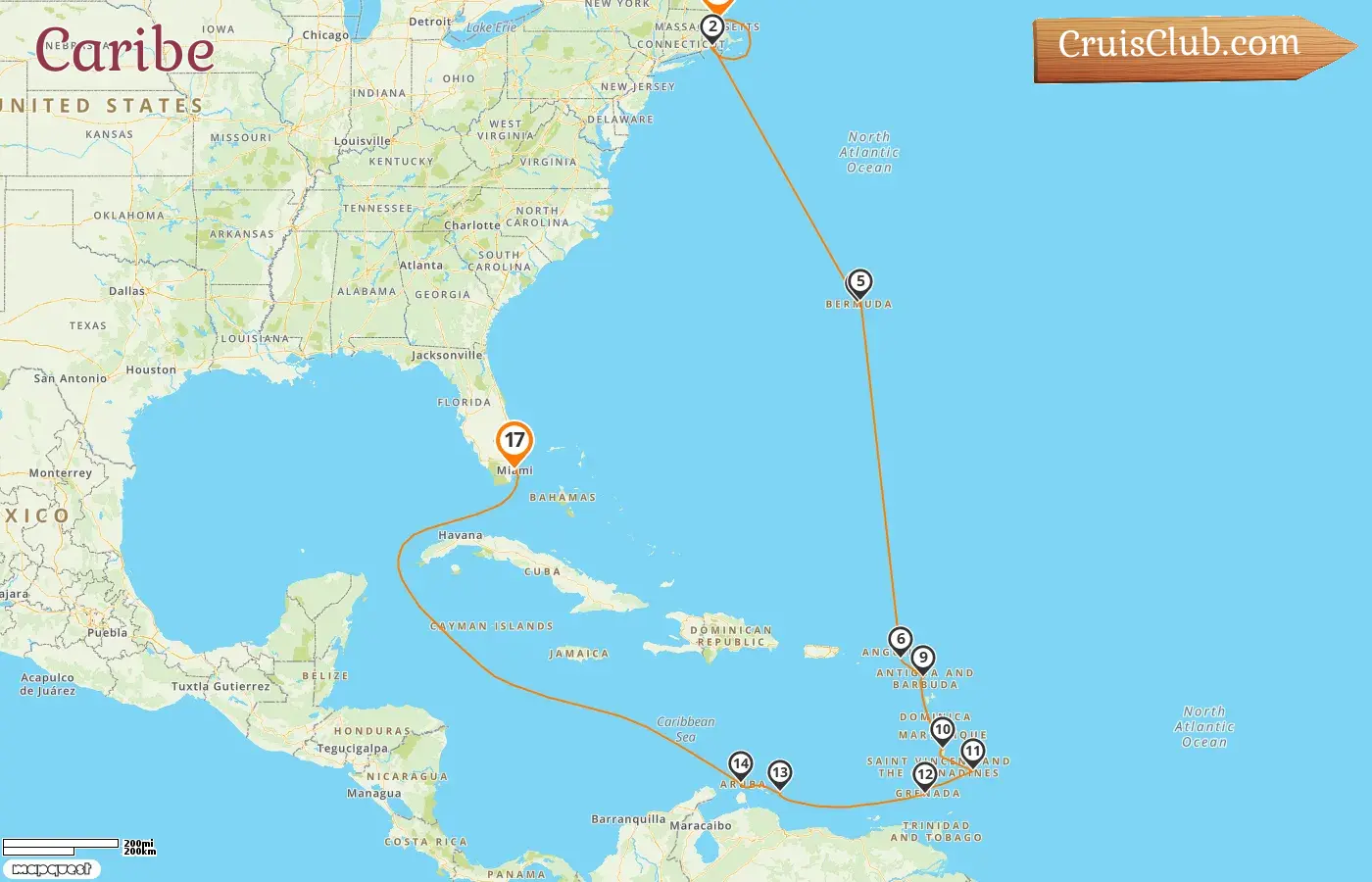 Crucero en el Caribe desde Boston a Miami a bordo del buque Oceania Insignia con visitas a Estados Unidos, Bermudas, San Bartolomé, Barbados, Granada y Aruba durante 17 días