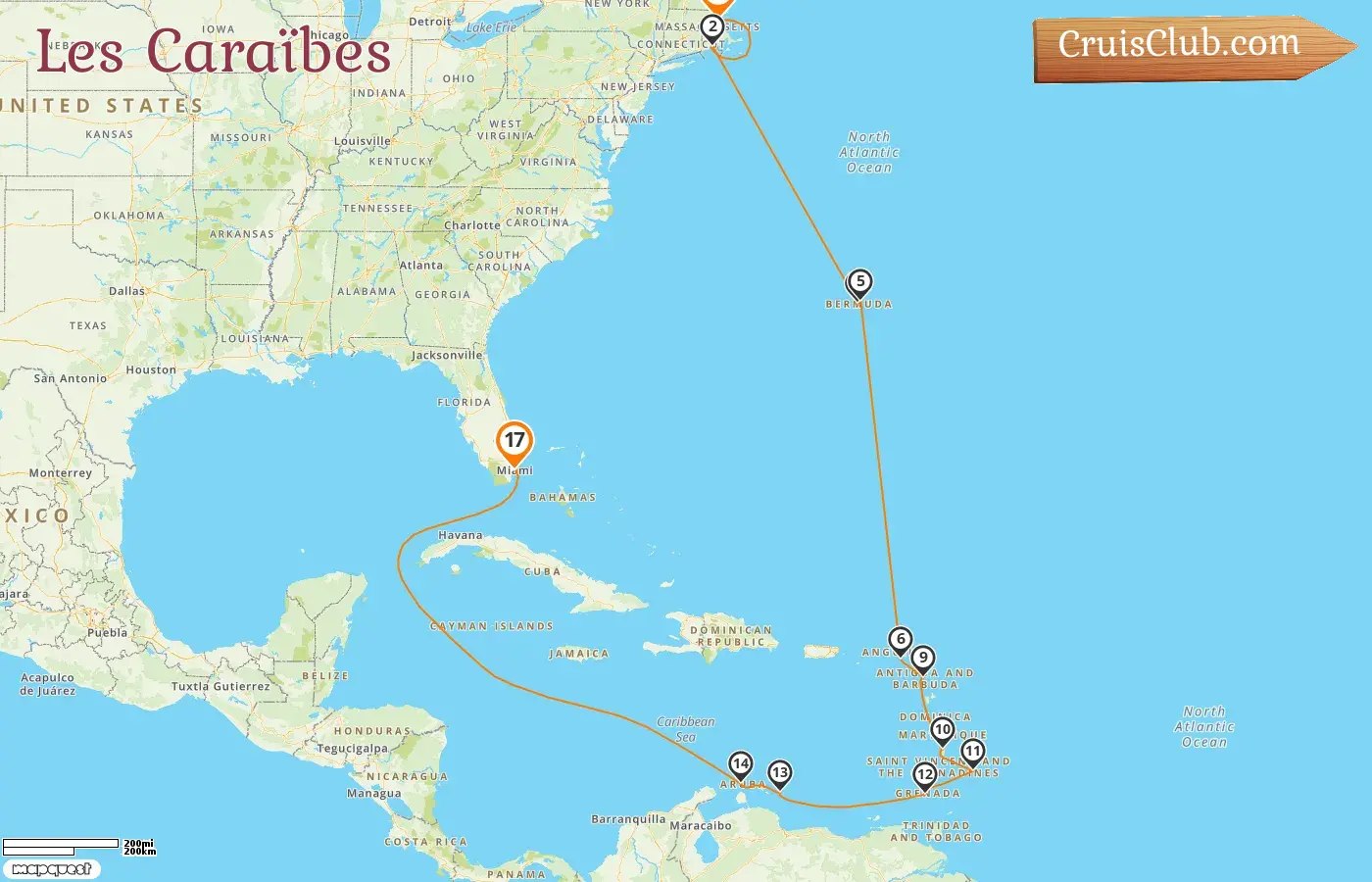 Croisière dans les Caraïbes de Boston à Miami à bord du navire Oceania Insignia avec escales aux États-Unis, aux Bermudes, à Saint-Barthélemy, à la Barbade, à la Grenade et à Aruba pendant 17 jours