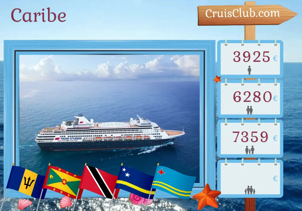 Cruzeiro no Caribe de Bridgetown para a Cidade do Panamá a bordo do navio Vasco da Gama com visitas a Barbados, São Vicente e Granadinas, Granada, Trinidad e Tobago, Curaçao, Aruba, Colômbia, Costa Rica e Panamá por 16 dias