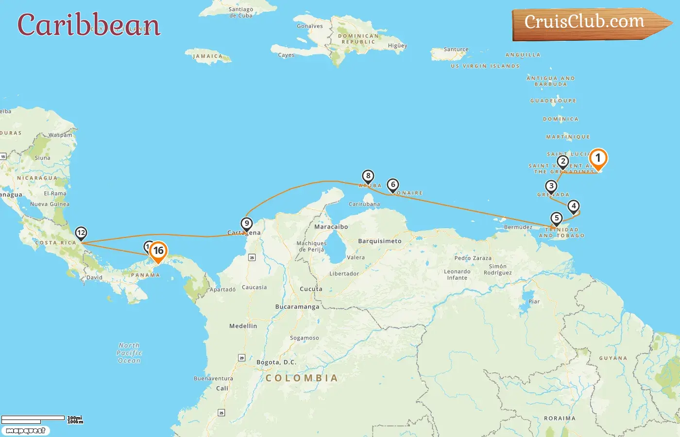 Cruise in the Caribbean from Bridgetown to Panama City aboard Vasco da Gama ship with visits to Barbados, Saint Vincent and the Grenadines, Grenada, Trinidad and Tobago, Curaçao, Aruba, Colombia, Costa Rica, and Panama for 16 days