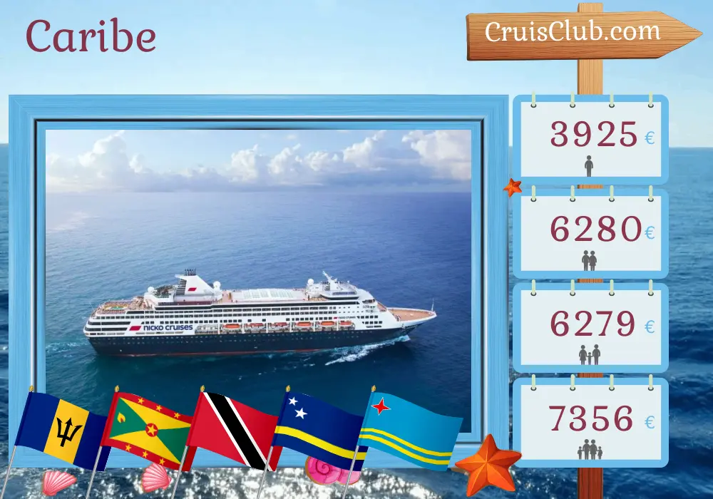 Cruzeiro no Caribe de Bridgetown para a Cidade do Panamá a bordo do navio Vasco da Gama com visitas a Barbados, São Vicente e Granadinas, Granada, Trinidad e Tobago, Curaçao, Aruba, Colômbia, Costa Rica e Panamá por 16 dias