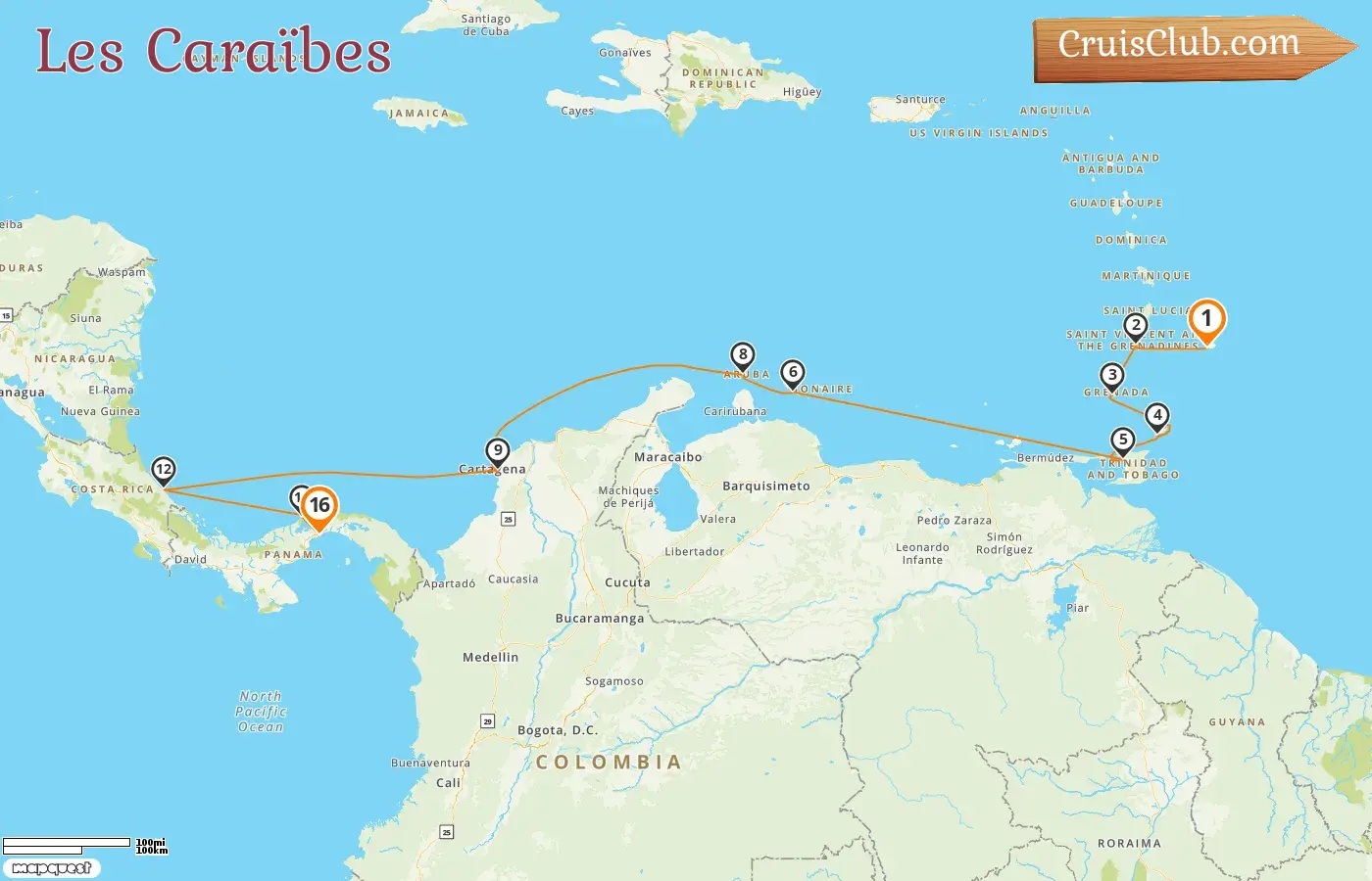 Croisière dans les Caraïbes de Bridgetown à Panama City à bord du navire Vasco da Gama avec des visites à la Barbade, Saint-Vincent-et-les-Grenadines, la Grenade, Trinité-et-Tobago, Curaçao, Aruba, la Colombie, le Costa Rica et le Panama pendant 16 jours