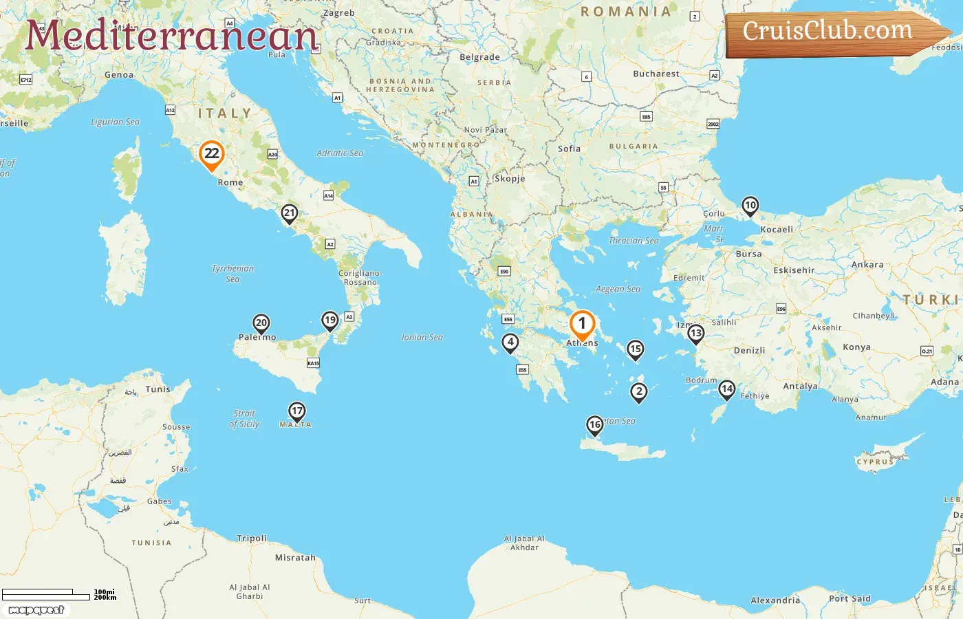 Cruise in the Mediterranean from Piraeus to Civitavecchia aboard Enchanted Princess ship with visits to Greece, Italy, Malta, and Turkey for 22 days