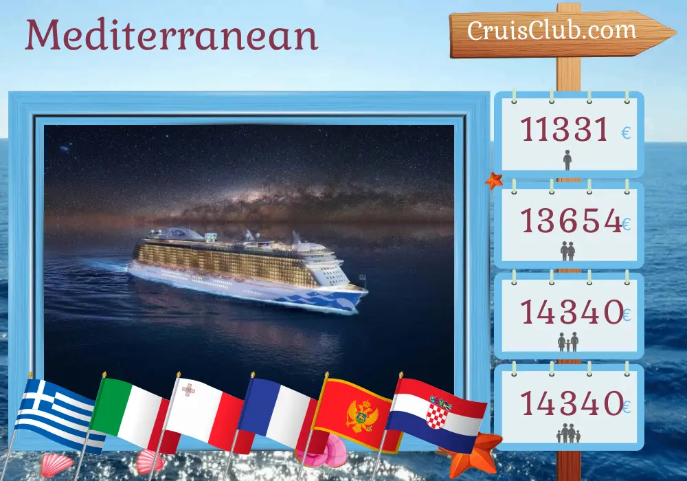 Cruise in the Mediterranean from Piraeus to Trieste aboard Enchanted Princess ship with visits to Greece, Italy, Malta, Turkey, France, Montenegro, and Croatia for 32 days