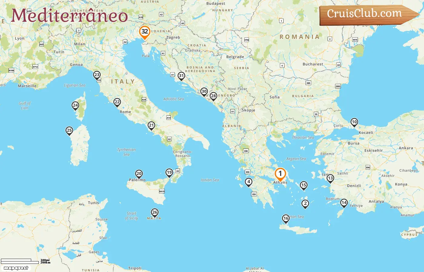 Cruzeiro no Mediterrâneo de Pireu a Trieste a bordo do navio Enchanted Princess com visitas à Grécia, Itália, Malta, Turquia, França, Montenegro e Croácia por 32 dias