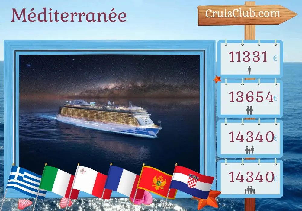 Croisière en Méditerranée de Piéraeus à Trieste à bord du navire Enchanted Princess avec des visites en Grèce, en Italie, à Malte, en Turquie, en France, au Monténégro et en Croatie pendant 32 jours