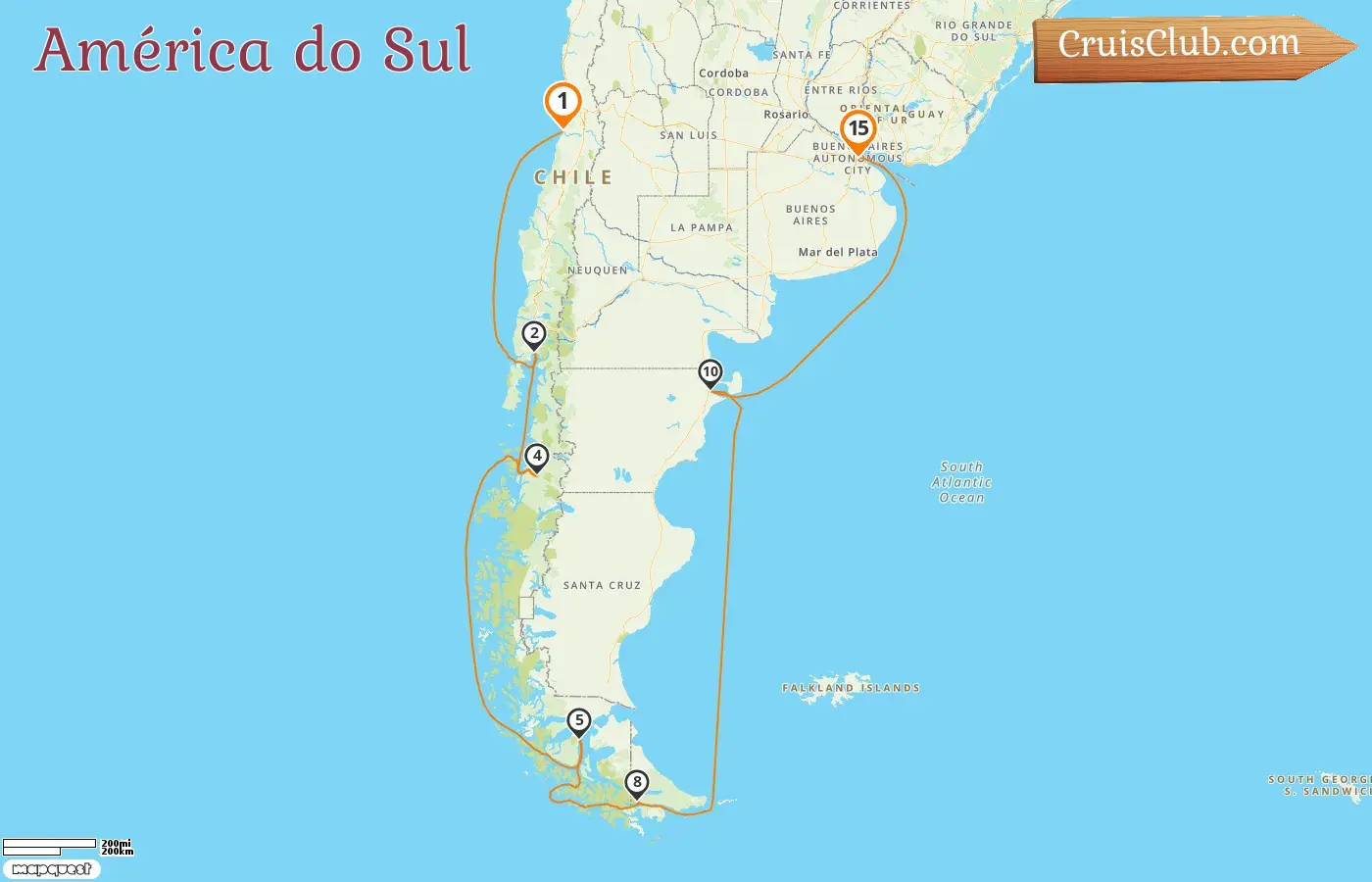 Cruzeiro na América do Sul de San Antonio a Buenos Aires a bordo do navio Costa Serena com visitas ao Chile e à Argentina por 15 dias