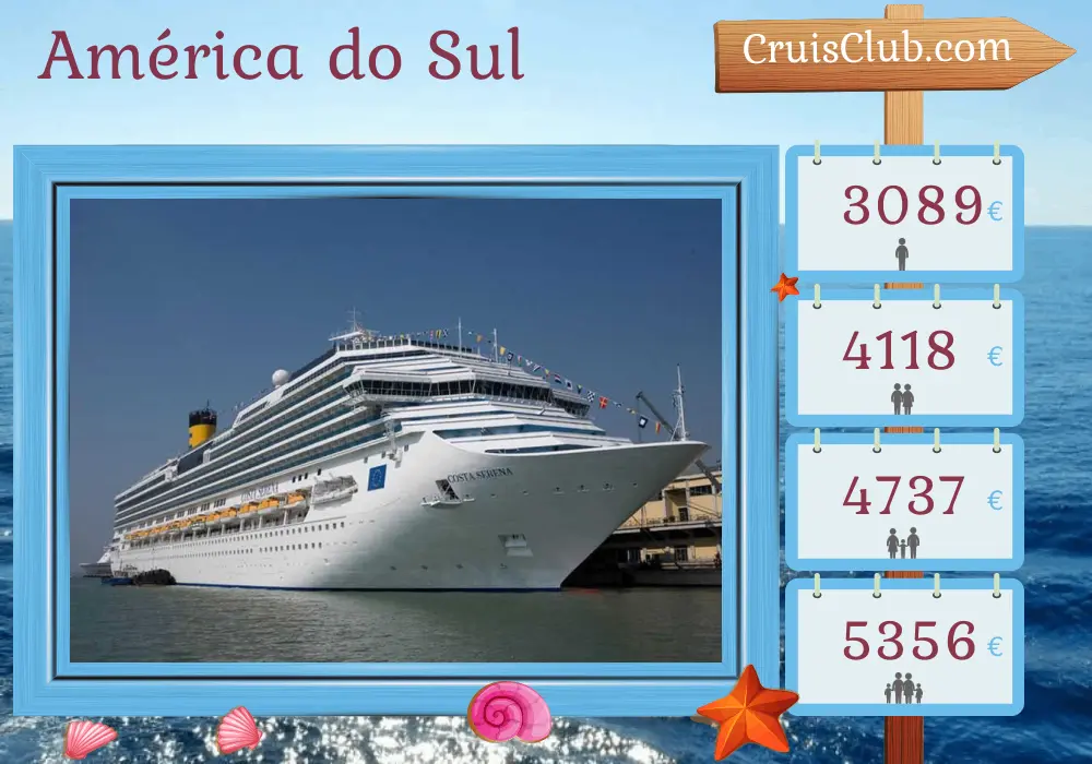 Cruzeiro na América do Sul de San Antonio a Buenos Aires a bordo do navio Costa Serena com visitas ao Chile e à Argentina por 15 dias