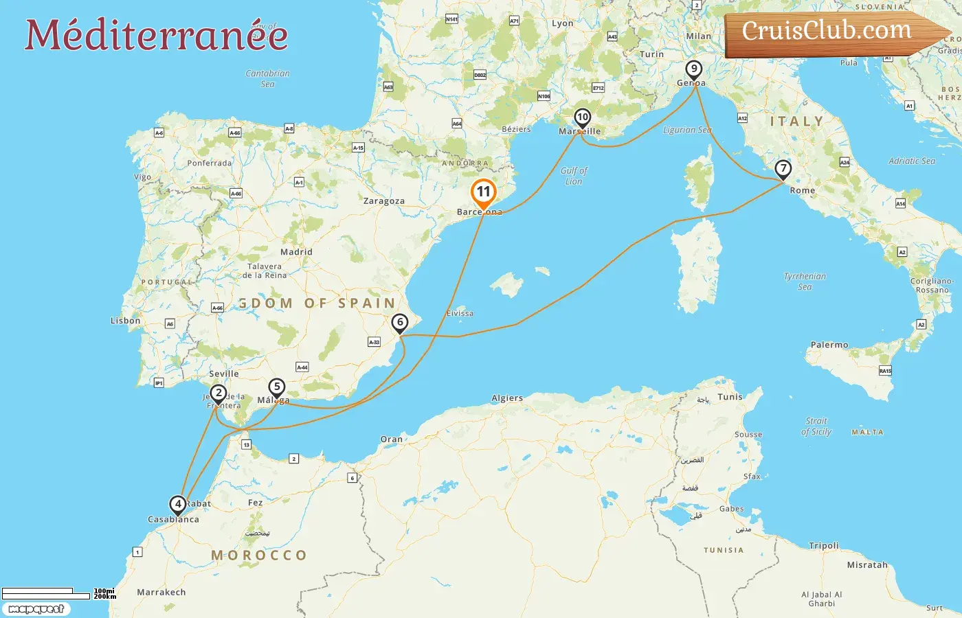 Croisière en Méditerranée au départ de Barcelone à bord du navire MSC Magnifica avec des arrêts en Espagne, au Maroc, en Italie et en France pendant 11 jours
