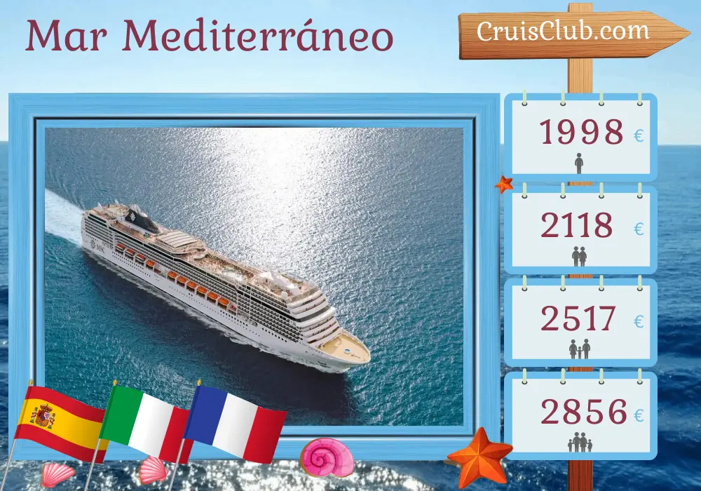 Crucero por el Mediterráneo desde Barcelona a bordo del barco MSC Magnifica con visitas a España, Marruecos, Italia y Francia durante 11 días