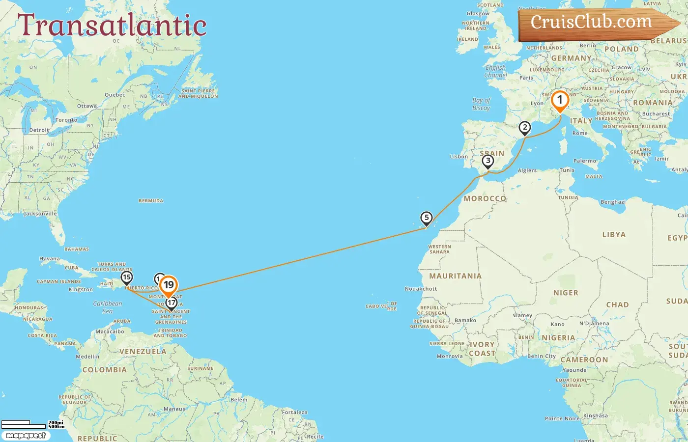 Cruise in the Transatlantic from Savona to Pointe-à-Pitre aboard Costa Fascinosa ship with visits to Italy, Spain, and Guadeloupe for 19 days