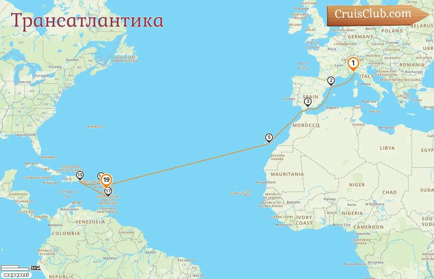 Круиз по Трансатлантике из Савоны в Пуэнт-а-Питр на борту судна Costa Fascinosa с посещением Италии, Испании и Гваделупы в течение 19 дней