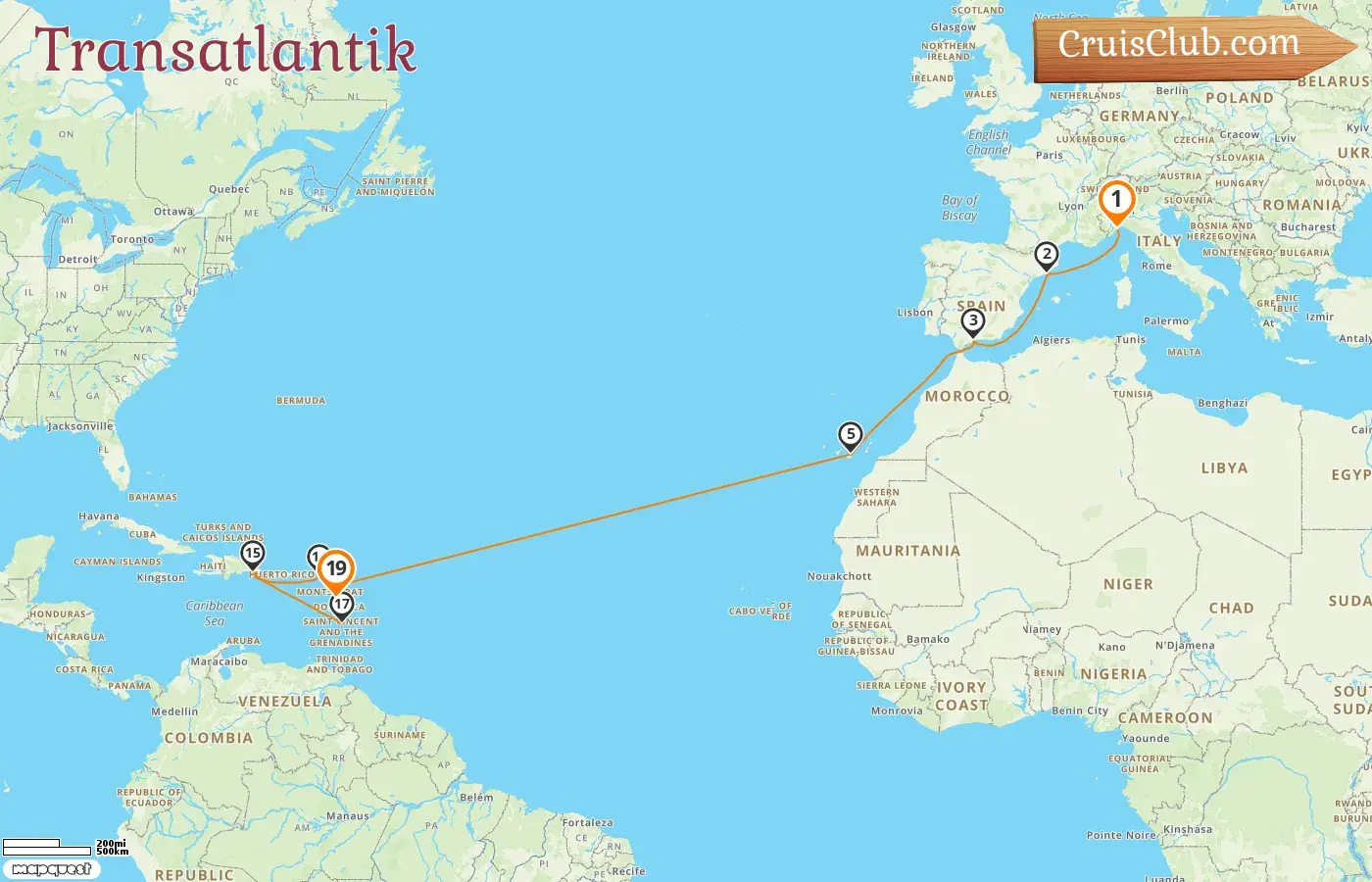 Kreuzfahrt im Transatlantik von Savona nach Pointe-à-Pitre an Bord des Schiffes Costa Fascinosa mit Besuchen in Italien, Spanien und Guadeloupe für 19 Tage
