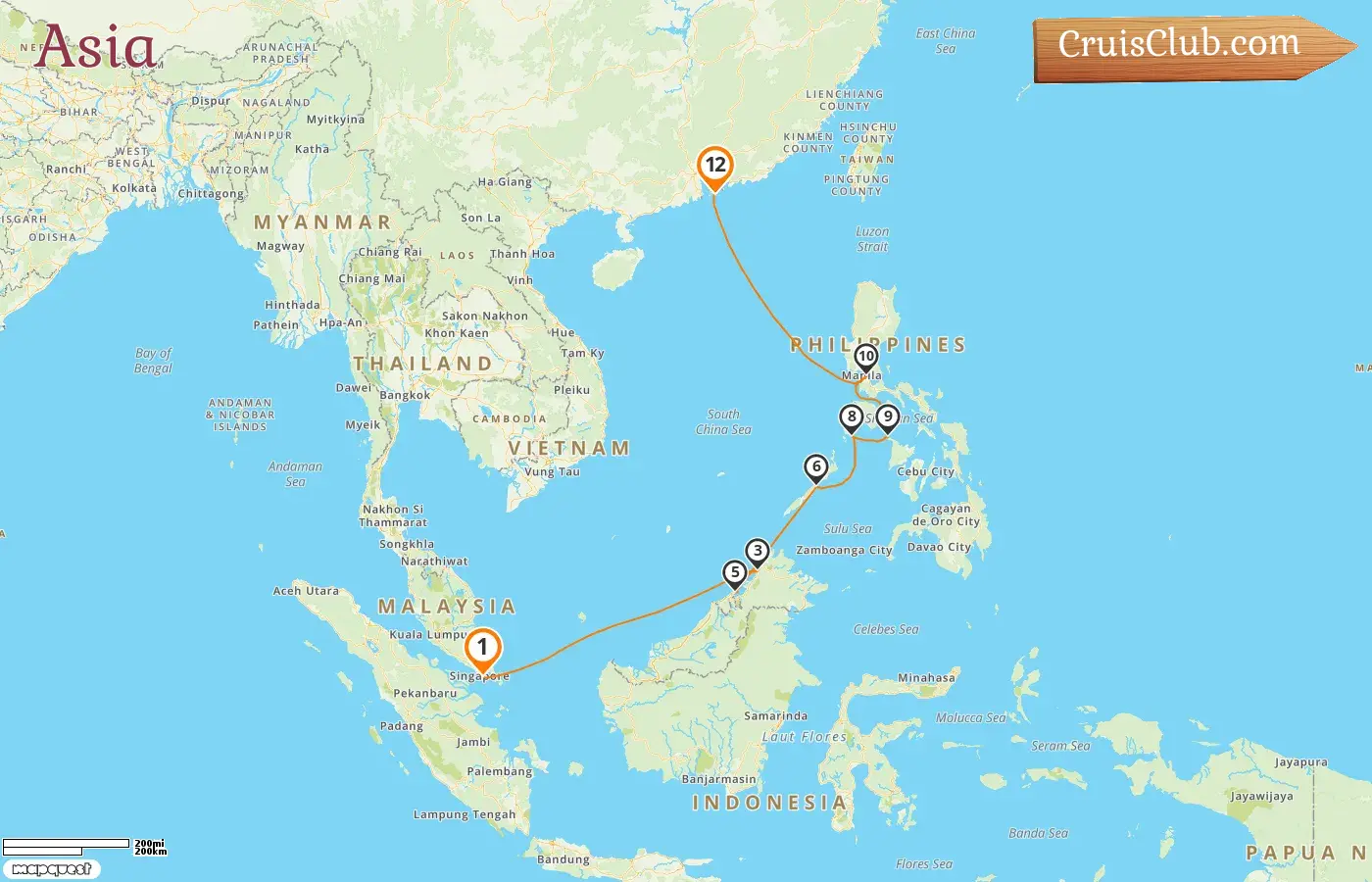 Cruise in the Asia from Singapore to Hong Kong aboard Seven Seas Explorer ship with visits to Singapore, Malaysia, Brunei Darussalam, Philippines, and Hong Kong for 12 days