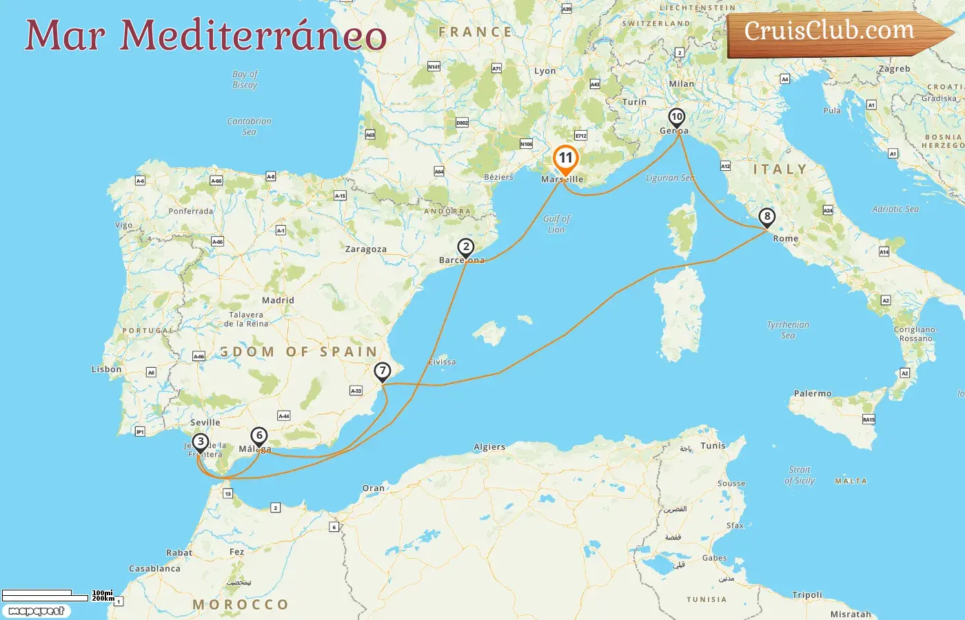 Crucero por el Mediterráneo desde Marsella a bordo del barco MSC Magnifica con visitas a Francia, España e Italia durante 11 días