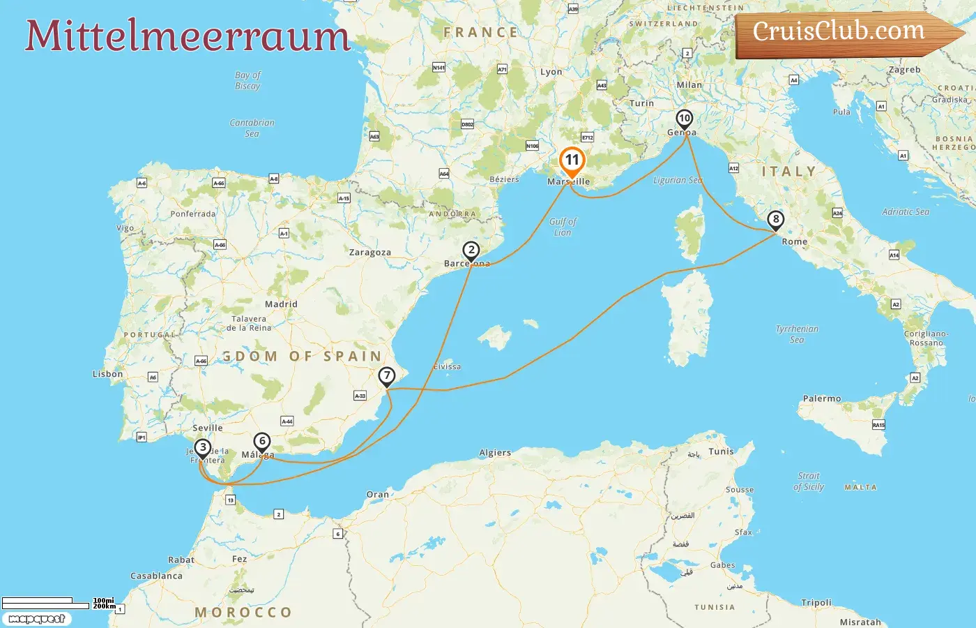 Kreuzfahrt im Mittelmeer ab Marseille an Bord des MSC Magnifica Schiffs mit Stopps in Frankreich, Spanien und Italien für 11 Tage