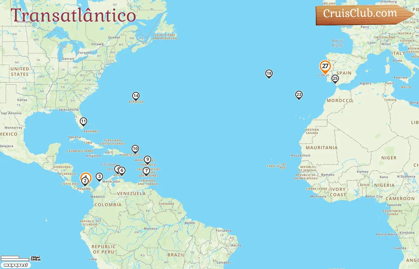 Cruzando o Atlântico de Panama City a Lisboa a bordo do navio Seven Seas Prestige, com visitas ao Panamá, Colômbia, Aruba, Curaçao, Granada, EUA, Bermuda, Portugal e Espanha por 27 dias