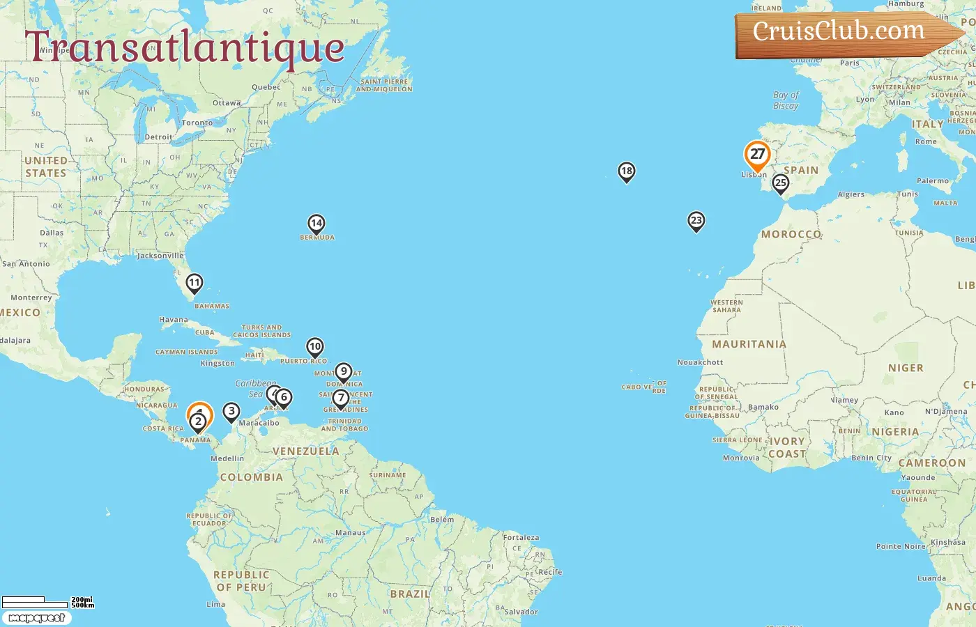 Croisière Transatlantique de Panama City à Lisbonne à bord du navire Seven Seas Prestige avec escales au Panama, en Colombie, à Aruba, Curaçao, Grenade, aux États-Unis, aux Bermudes, au Portugal et en Espagne pendant 27 jours