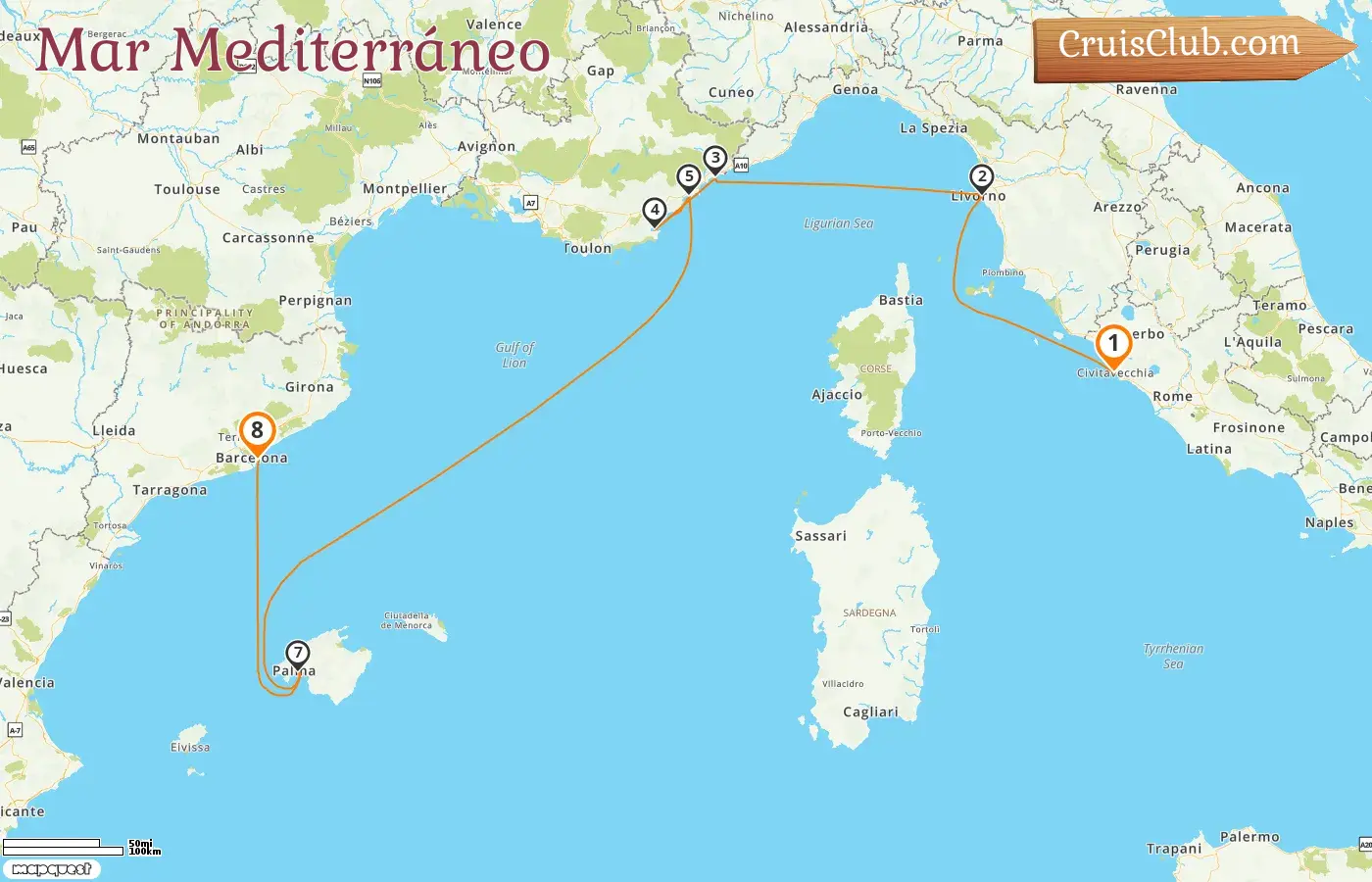 Crucero por el Mediterráneo desde Civitavecchia a Barcelona a bordo del barco Seven Seas Prestige con visitas a Italia, Francia y España durante 8 días