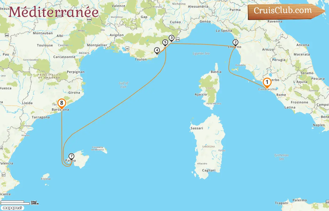 Croisière en Méditerranée de Civitavecchia à Barcelone à bord du navire Seven Seas Prestige avec des visites en Italie, en France et en Espagne pendant 8 jours