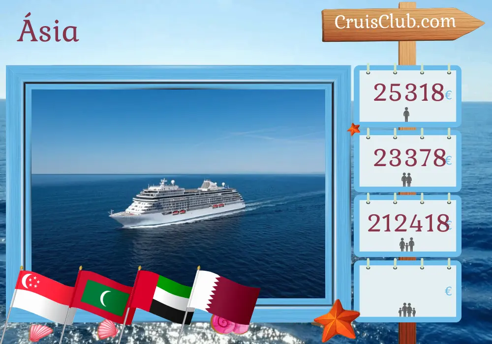 Cruzeiro na Ásia de Singapura a Doha a bordo do navio Seven Seas Explorer com visitas a Singapura, Tailândia, Sri Lanka, Maldivas, Índia, Emirados Árabes Unidos e Catar por 17 dias
