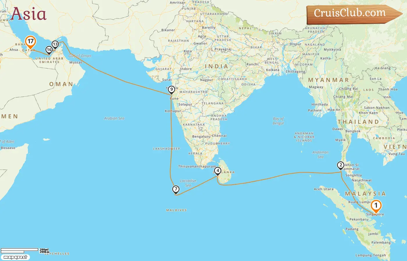 Cruise in the Asia from Singapore to Doha aboard Seven Seas Explorer ship with visits to Singapore, Thailand, Sri Lanka, Maldives, India, United Arab Emirates, and Qatar for 17 days