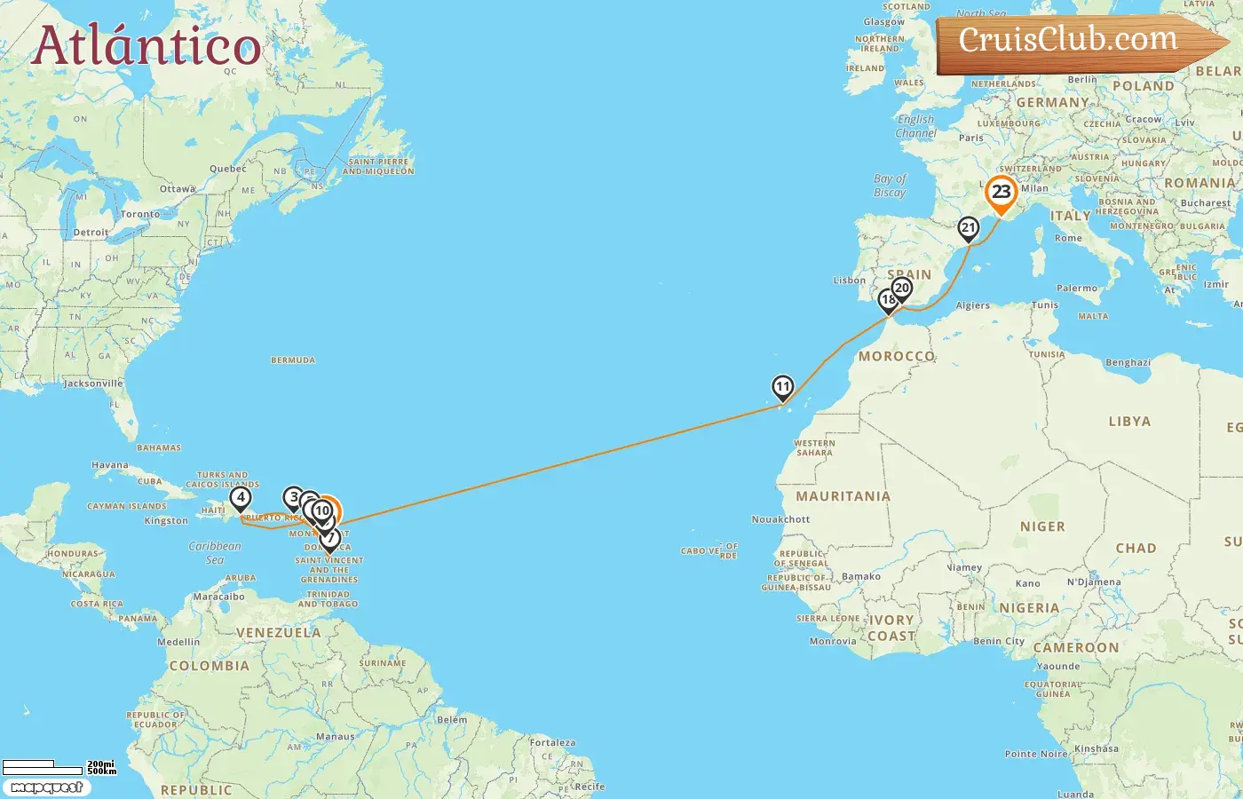 Crucero Transatlántico de Pointe-à-Pitre a Marsella a bordo del barco Costa Favolosa con visitas a Guadalupe, España, Marruecos y Francia durante 23 días