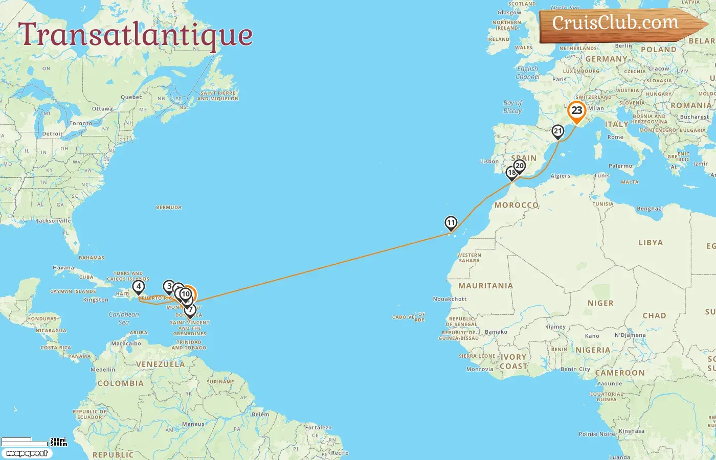 Croisière transatlantique de Pointe-à-Pitre à Marseille à bord du navire Costa Favolosa avec des visites en Guadeloupe, en Espagne, au Maroc et en France pendant 23 jours