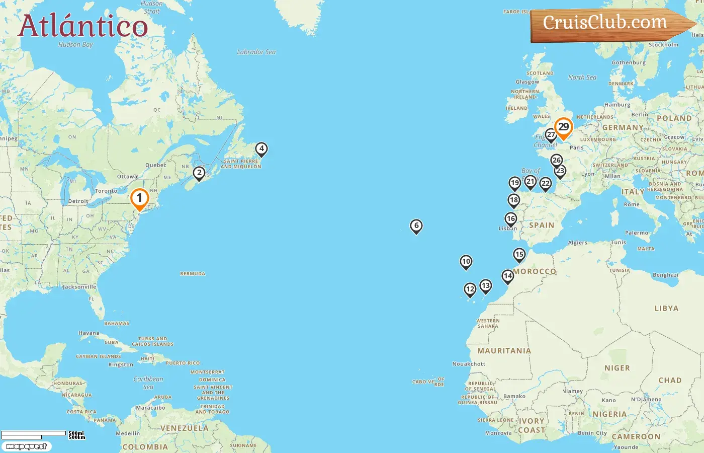 Crucero en el transatlántico de Nueva York a Le Havre a bordo del barco Seven Seas Mariner con visitas a Estados Unidos, Canadá, Portugal, España, Marruecos, Francia y Jersey durante 29 días