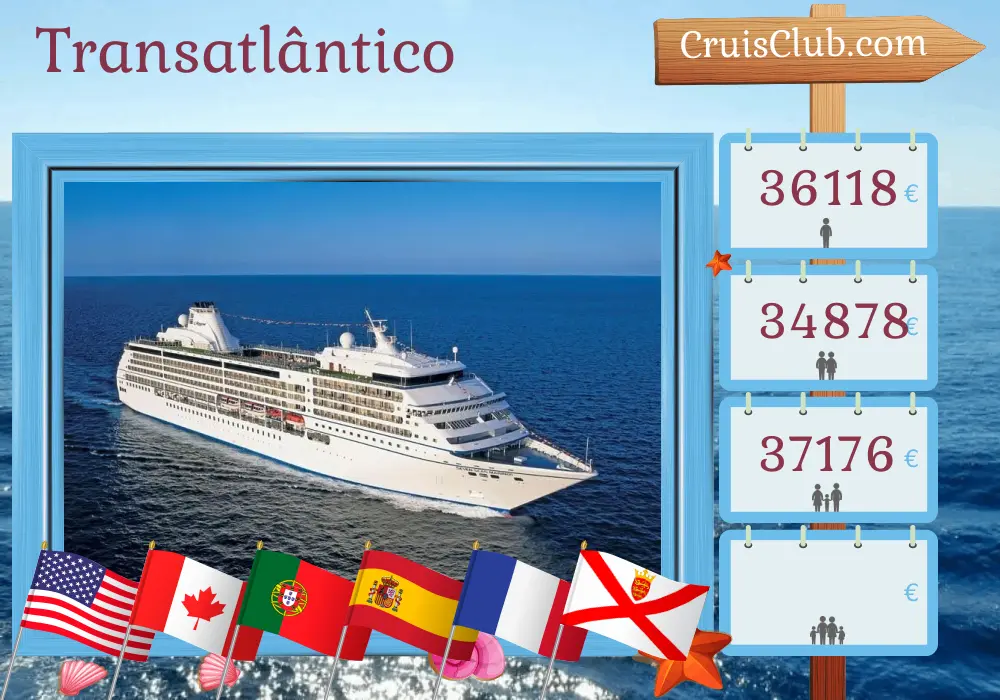 Cruzeiro no Transatlântico de Nova Iorque a Le Havre a bordo do navio Seven Seas Mariner com visitas aos EUA, Canadá, Portugal, Espanha, Marrocos, França e Jersey por 29 dias