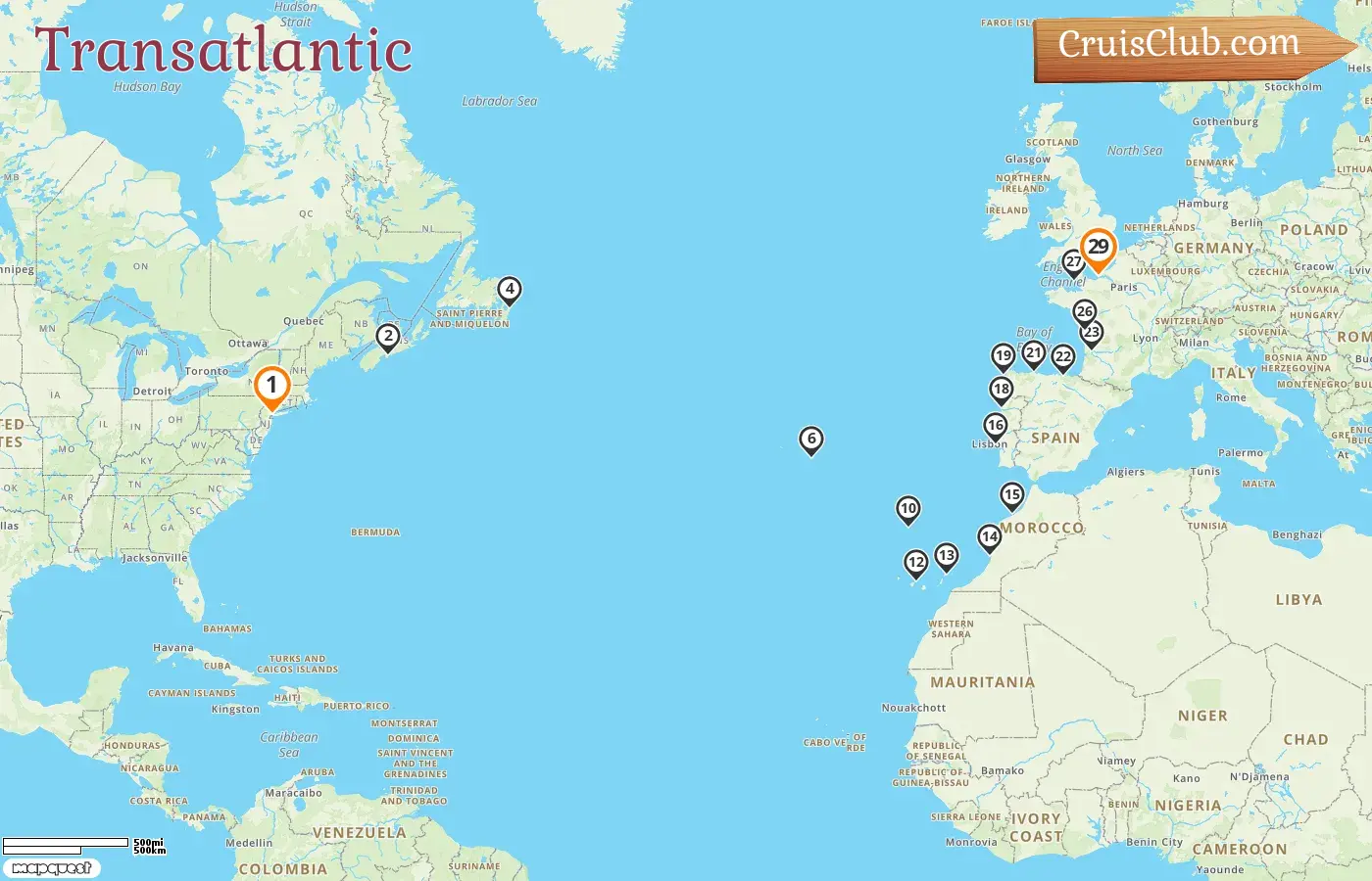 Cruise in the Transatlantic from New York to Le Havre aboard Seven Seas Mariner ship with visits to USA, Canada, Portugal, Spain, Morocco, France, and Jersey for 29 days