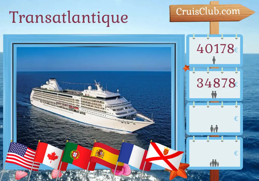 Croisière transatlantique de New York à Le Havre à bord du navire Seven Seas Mariner avec des visites aux États-Unis, au Canada, au Portugal, en Espagne, au Maroc, en France et à Jersey pendant 29 jours