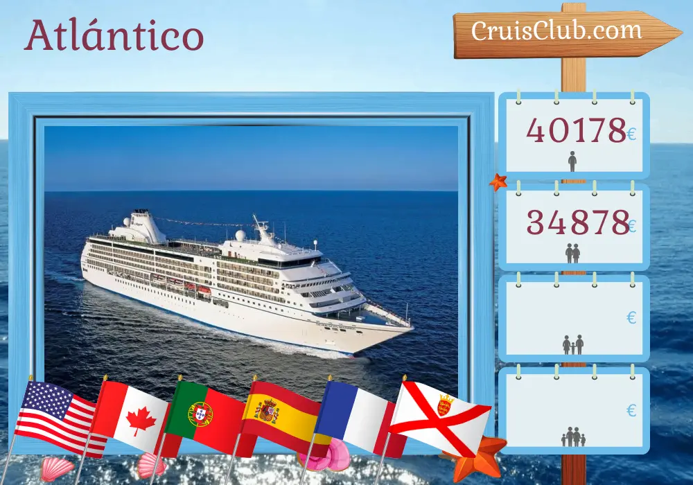 Crucero en el transatlántico de Nueva York a Le Havre a bordo del barco Seven Seas Mariner con visitas a Estados Unidos, Canadá, Portugal, España, Marruecos, Francia y Jersey durante 29 días