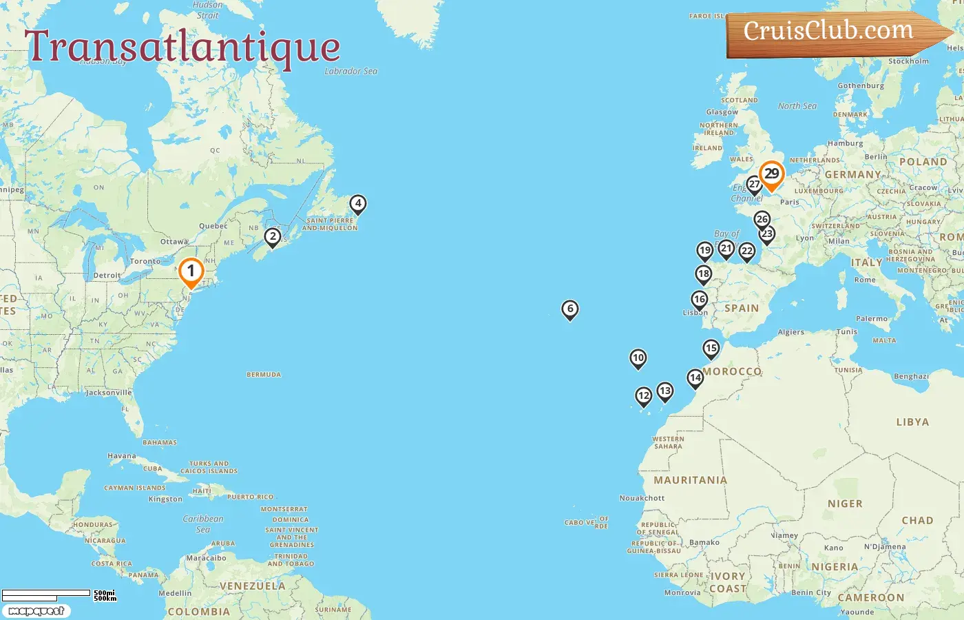 Croisière transatlantique de New York à Le Havre à bord du navire Seven Seas Mariner avec des visites aux États-Unis, au Canada, au Portugal, en Espagne, au Maroc, en France et à Jersey pendant 29 jours