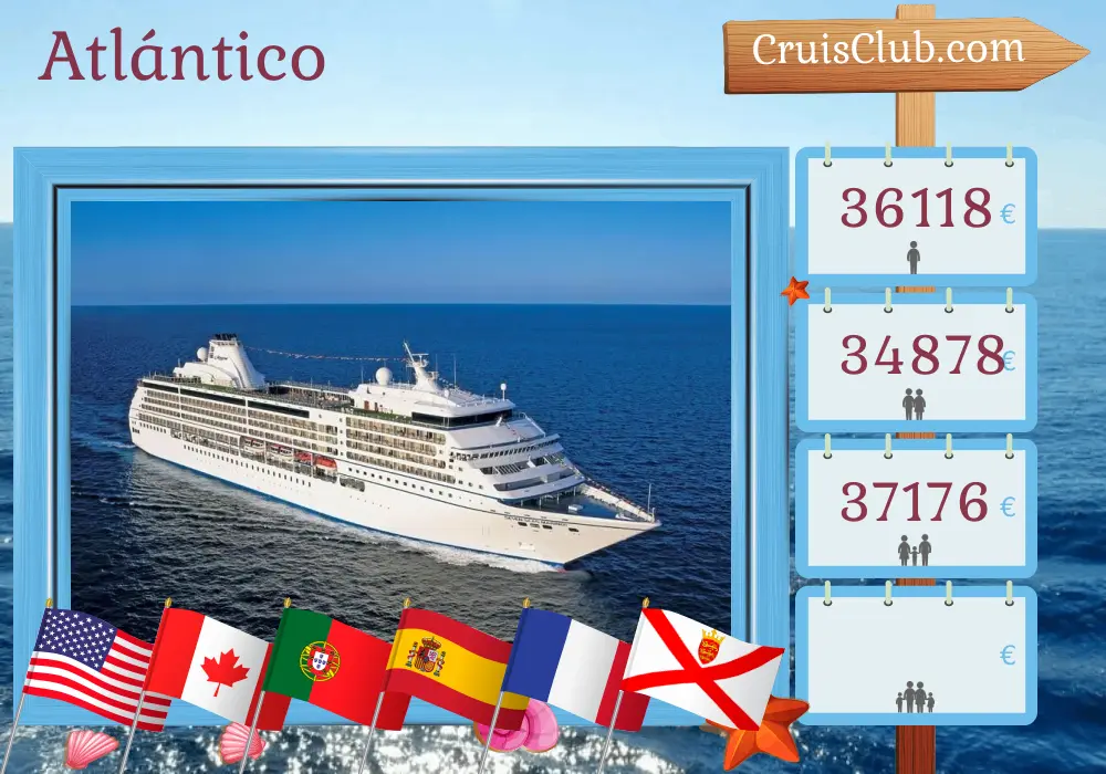 Crucero en el transatlántico de Nueva York a Le Havre a bordo del barco Seven Seas Mariner con visitas a Estados Unidos, Canadá, Portugal, España, Marruecos, Francia y Jersey durante 29 días