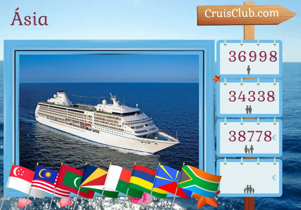 Cruzeiro na Ásia de Singapura a Cidade do Cabo a bordo do navio Seven Seas Mariner com visitas a Singapura, Malásia, Tailândia, Sri Lanka, Maldivas, Seychelles, Madagascar, Maurícia, Reunião e África do Sul por 32 dias