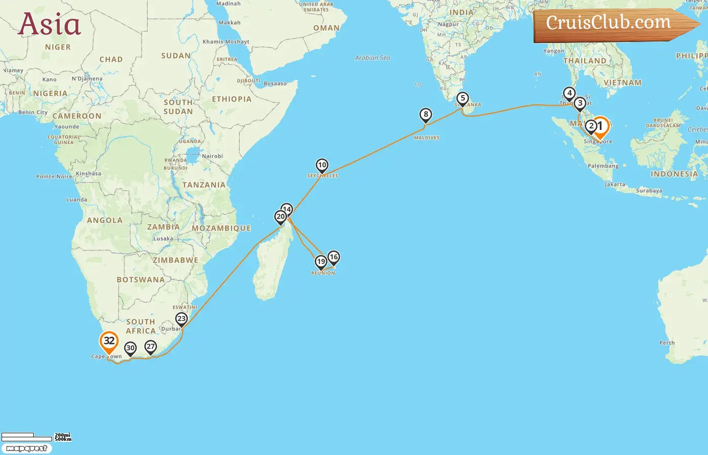 Cruise in the Asia from Singapore to Cape Town aboard Seven Seas Mariner ship with visits to Singapore, Malaysia, Thailand, Sri Lanka, Maldives, Seychelles, Madagascar, Mauritius, Réunion, and South Africa for 32 days