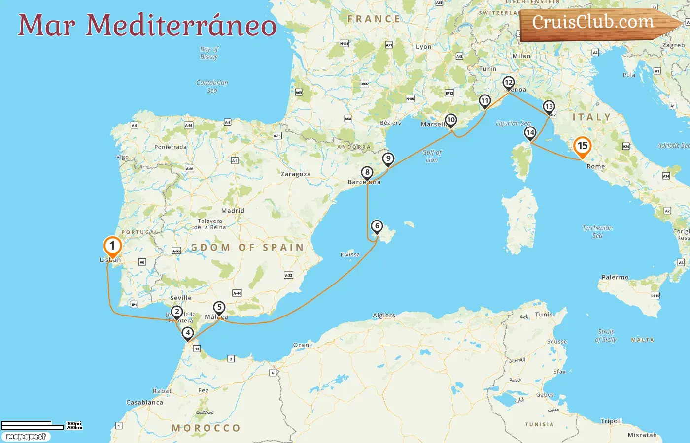 Crucero por el Mediterráneo de Lisboa a Civitavecchia a bordo del barco Seven Seas Splendor con visitas a España, Marruecos, Francia, Mónaco e Italia durante 15 días