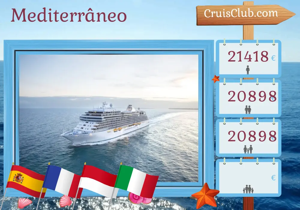 Cruzeiro no Mediterrâneo de Lisboa a Civitavecchia a bordo do navio Seven Seas Splendor com visitas a Espanha, Marrocos, França, Mônaco e Itália por 15 dias