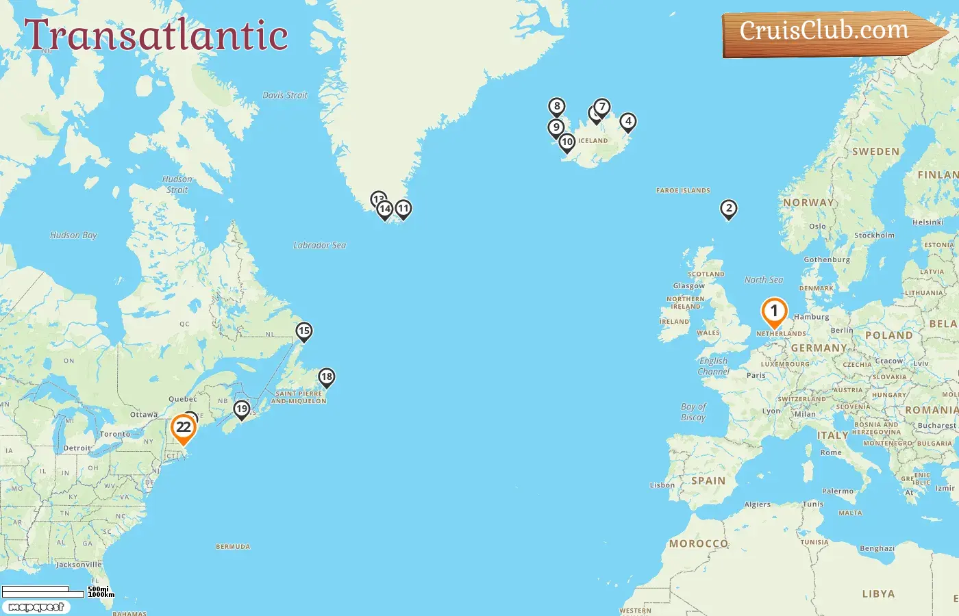 Cruise in the Transatlantic from Amsterdam to Boston aboard Zuiderdam ship with visits to Netherlands, Iceland, Greenland, Canada, and USA for 22 days