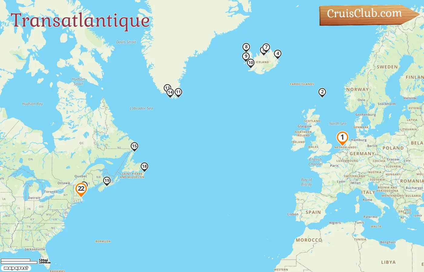 Croisière transatlantique de Amsterdam à Boston à bord du navire Zuiderdam avec des visites aux Pays-Bas, en Islande, au Groenland, au Canada et aux États-Unis pendant 22 jours