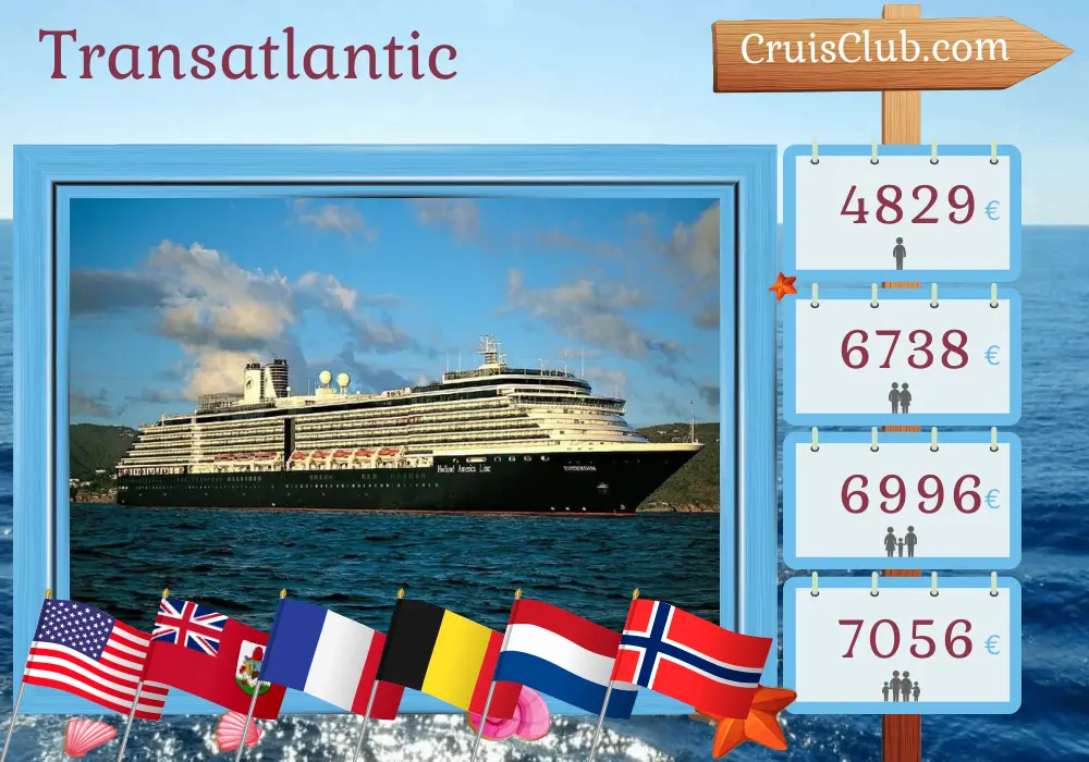 Cruise in the Transatlantic from Miami to Amsterdam aboard Zuiderdam ship with visits to USA, Bermuda, France, Belgium, Netherlands, and Norway for 22 days