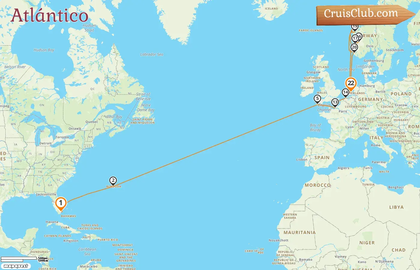 Crucero en el Transatlántico de Miami a Ámsterdam a bordo del barco Zuiderdam con visitas a EE.UU., Bermudas, Francia, Bélgica, Países Bajos y Noruega por 22 días