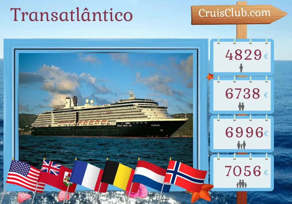 Cruzeiro Transatlântico de Miami a Amsterdã a bordo do navio Zuiderdam com visitas aos EUA, Bermudas, França, Bélgica, Países Baixos e Noruega por 22 dias