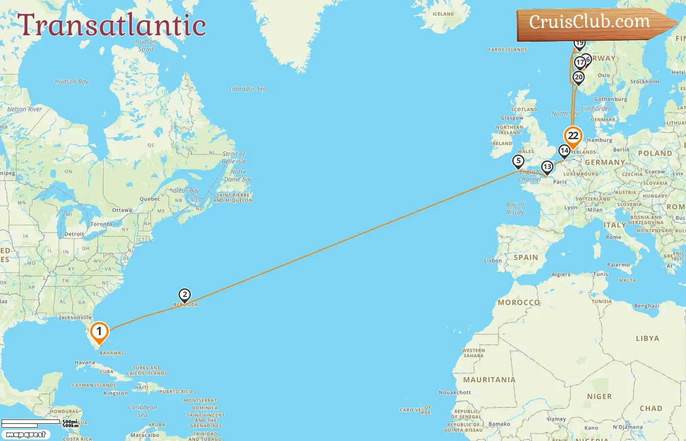 Cruise in the Transatlantic from Miami to Amsterdam aboard Zuiderdam ship with visits to USA, Bermuda, France, Belgium, Netherlands, and Norway for 22 days
