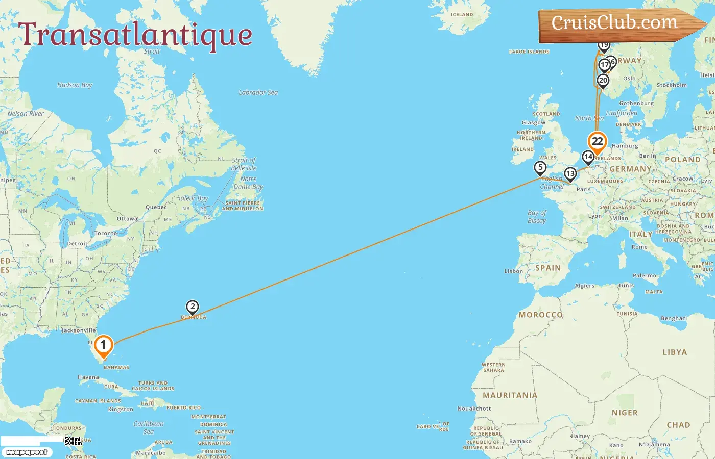 Croisière transatlantique de Miami à Amsterdam à bord du navire Zuiderdam avec escales aux États-Unis, aux Bermudes, en France, en Belgique, aux Pays-Bas et en Norvège pendant 22 jours