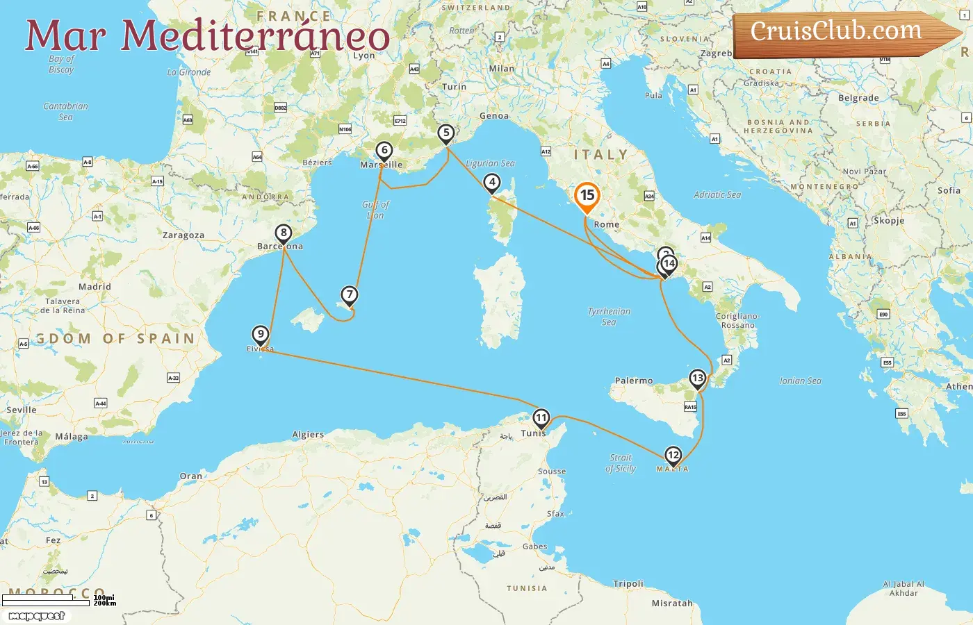 Crucero en el Mediterráneo desde Civitavecchia a bordo del buque EXPLORA I con visitas a Italia, Francia, España, Túnez y Malta por 15 días