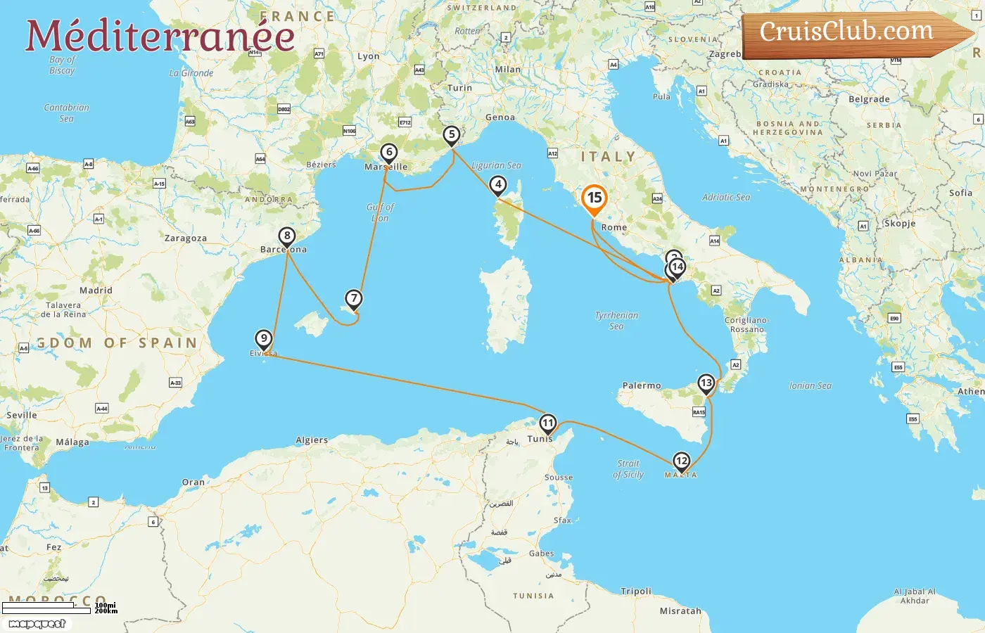 Croisière en Méditerranée au départ de Civitavecchia à bord du navire EXPLORA I avec des escales en Italie, en France, en Espagne, en Tunisie et à Malte pendant 15 jours