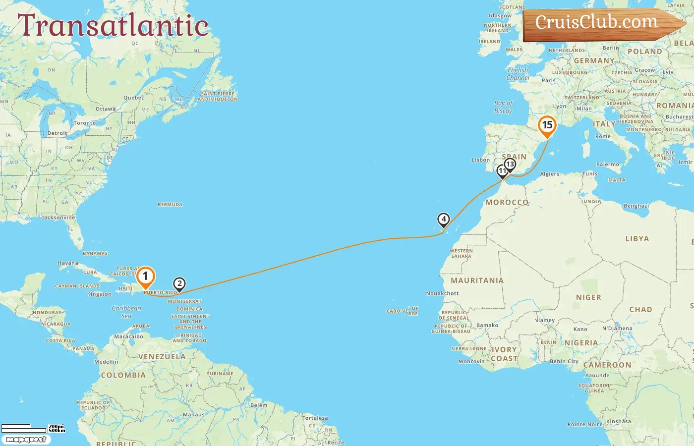 Cruise in the Transatlantic from La Romana to Barcelona aboard Costa Fascinosa ship with visits to Spain and Morocco for 15 days